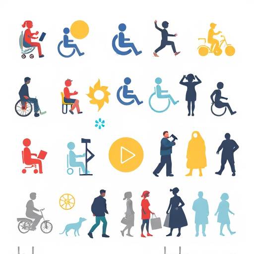Illustrazione astratta di simboli di accessibilit&radic;&dagger; come silhouette di persone, tastiera e schermo