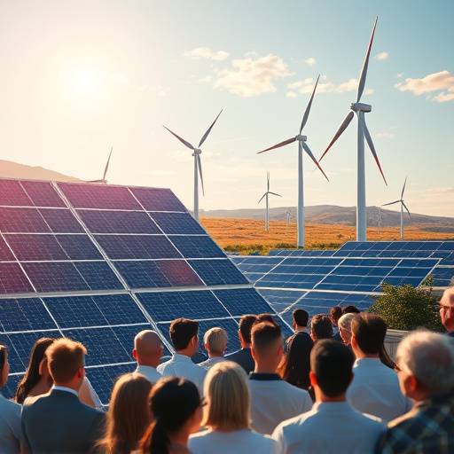 Pannelli solari e turbine eoliche stilizzati con un pubblico assorto