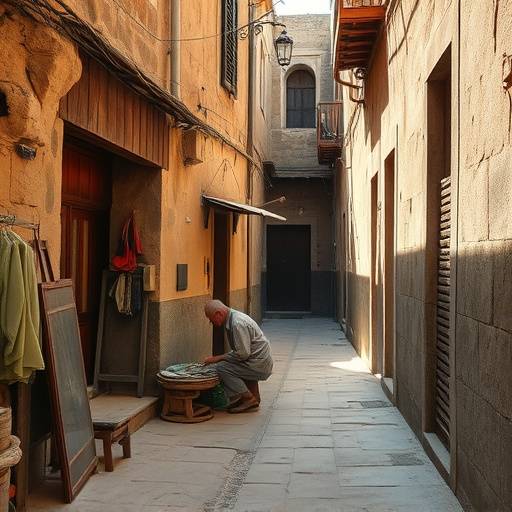 Un antico vicolo del borgo con un anziano intento al lavoro manuale